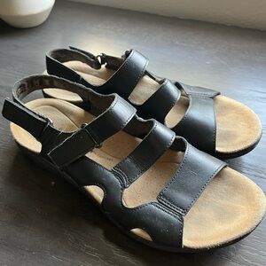 Clarks Women's Black Leather Sandals with Tan Footbed